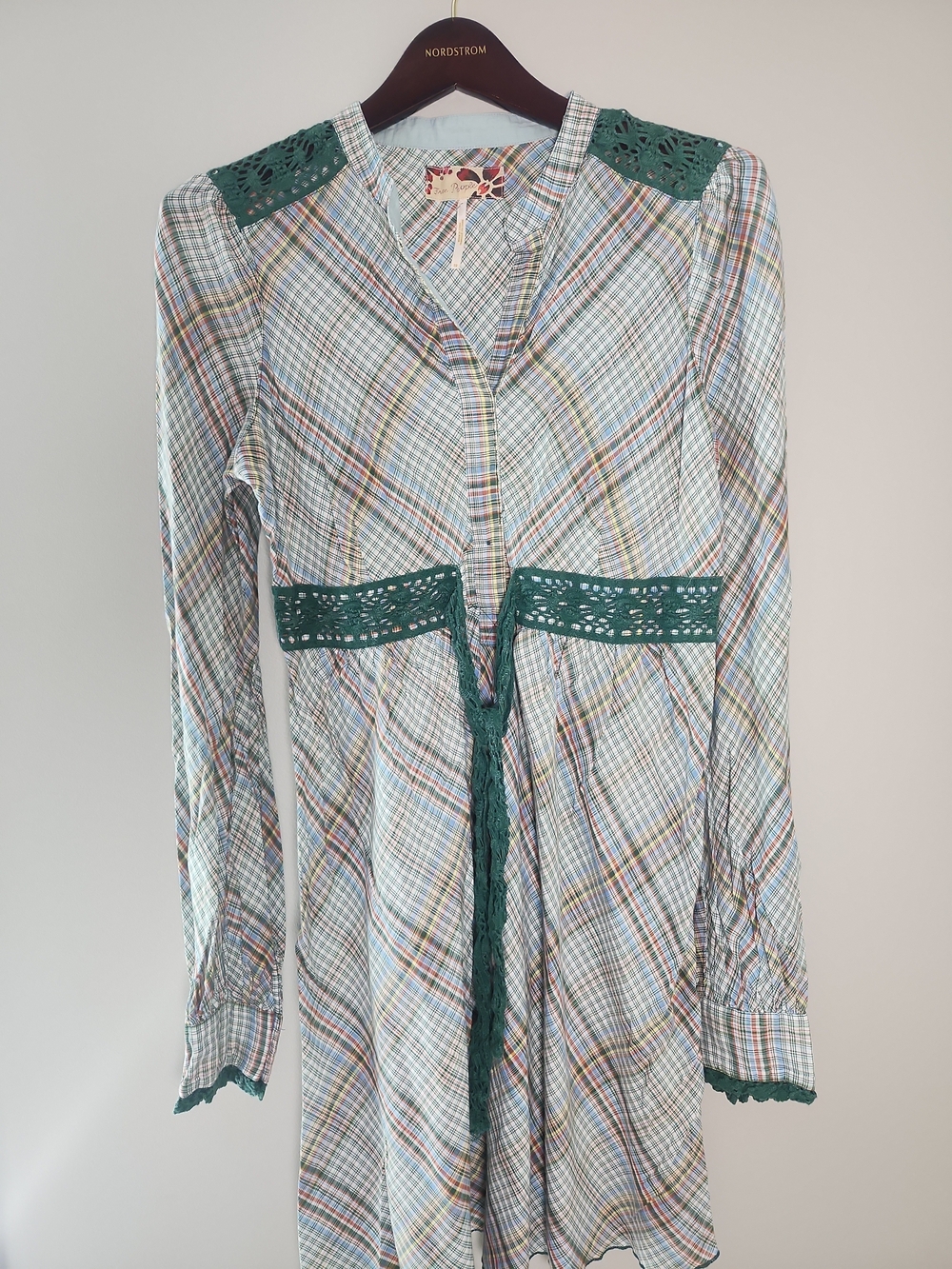 Free People Multicolor Plaid Tunic with Green Crochet Trim Size M